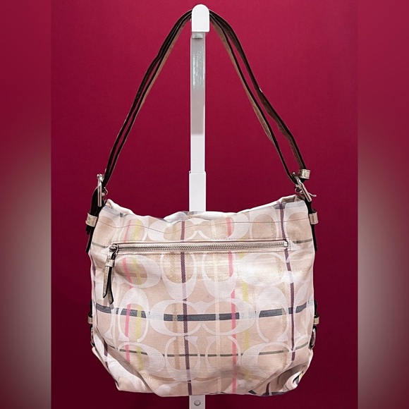 Coach Tattersall Cream and Brown Structured Shoulder Bag - Picture 1 of 14